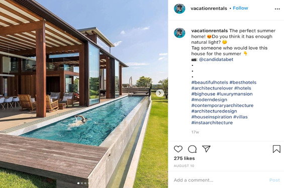 Screenshot of a vacationrentals' Instagram post showing a man swimming in a pool