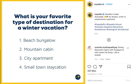 Instagram for vacation rentals: How to market your vacation rental property business 12 Screenshot of Expedia's Instgram post asking users for their favourite type of destination for a winter vacation. Options are: beach bungalow, mountain cabin, city apartment, small town staycation