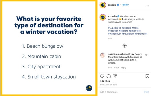 Screenshot of Expedia's Instgram post asking users for their favourite type of destination for a winter vacation. Options are: beach bungalow, mountain cabin, city apartment, small town staycation