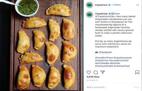 Instagram screenshot of a TripAdvisor posts about Argentinian baked empanadas mendocinas