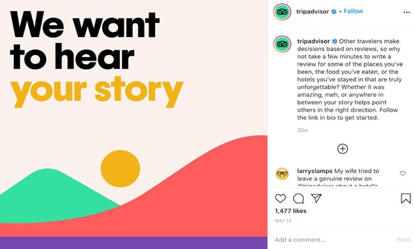 Screenshot of TripAdvisor's Instagram post inviting followers to write their reviews of places they've been, food they've eaten, hotels they've stayed at etc. 