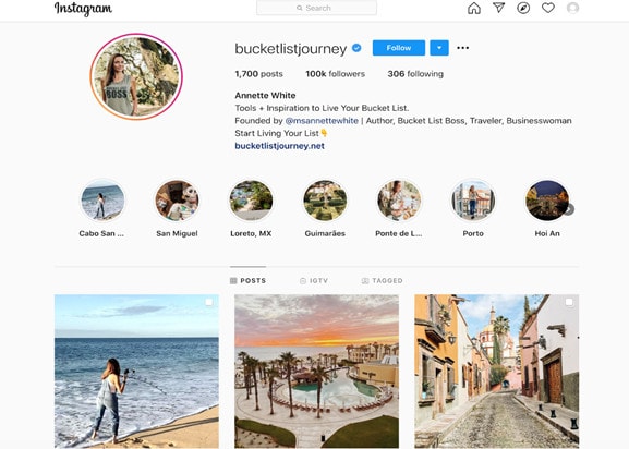Instagram for vacation rentals: How to market your vacation rental property business 15 Screenshot of Instagram Influencer bucketlistjourney's user profile