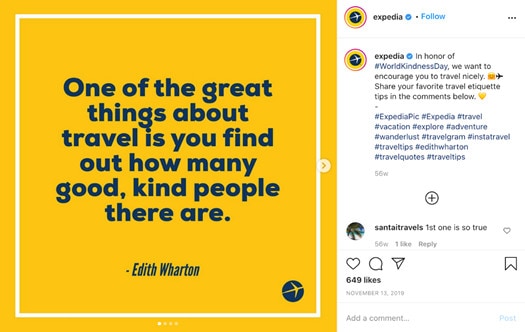 Instagram for vacation rentals: How to market your vacation rental property business 13 Screenshot of Expedia's Instagram post with an Edith Wharton quote: One of the great things about travel is you find out how many good, kind people there are.