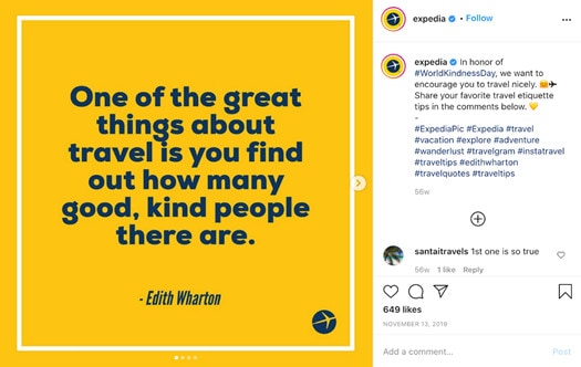 Screenshot of Expedia's Instagram post with an Edith Wharton quote: One of the great things about travel is you find out how many good, kind people there are.