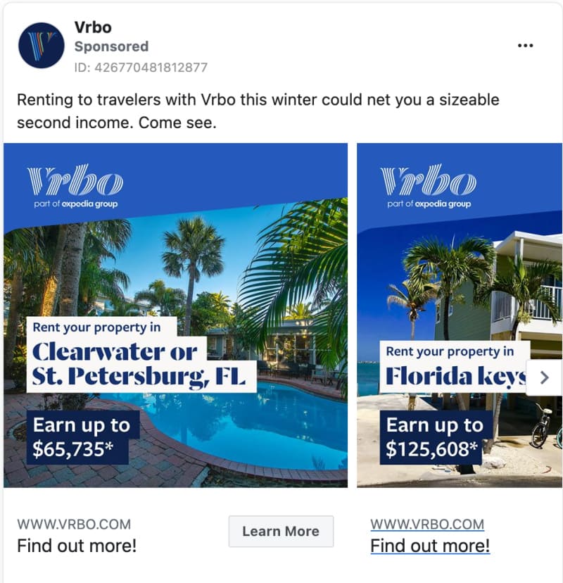 vrbo facebook ad rent your property