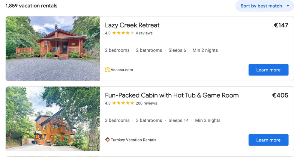 google vacation rentals ads hotel finder