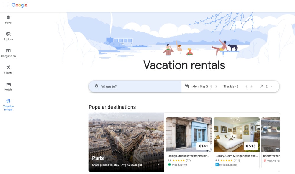 Google vacation rental tabs