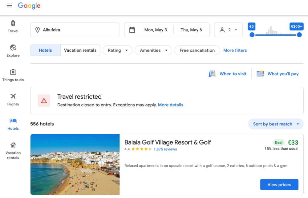 Google Hotel Finder for vacation rentals