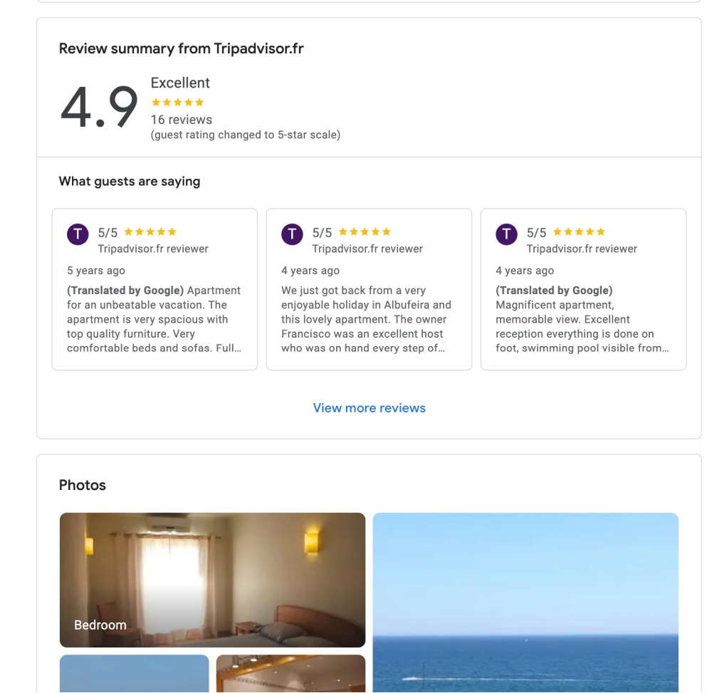 vacation rental property page in Google Hotel Center