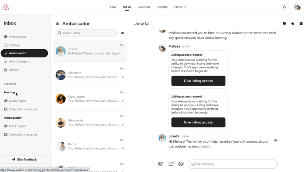 Airbnb Ambassador Dashboard inbox