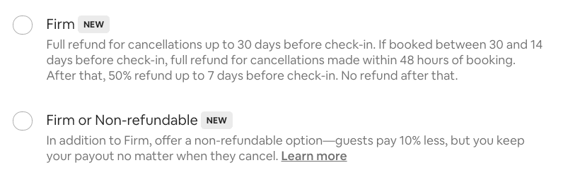 airbnb firm cancellation policy vs moderate vs strict