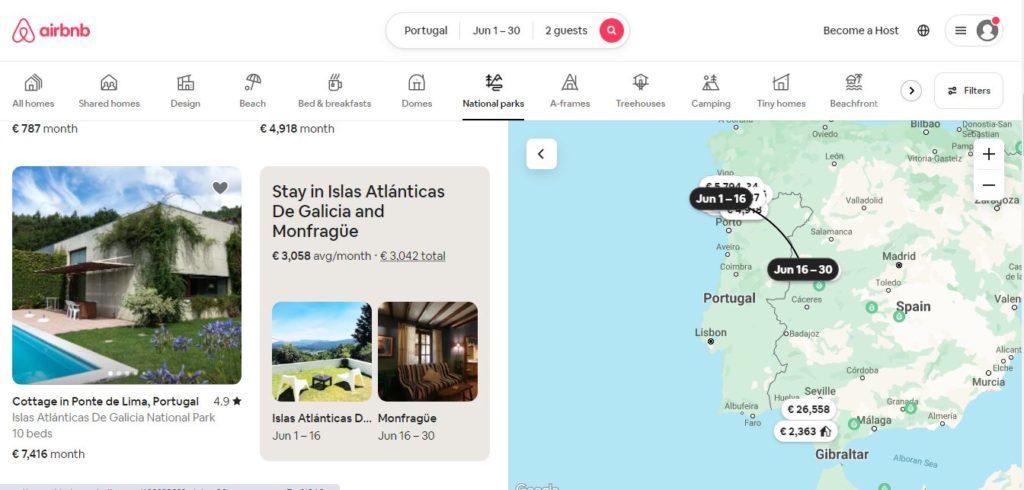 Airbnb Split Stays feature desktop view