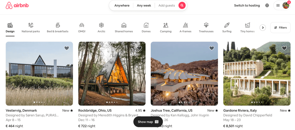 Airbnb categories - homepage search