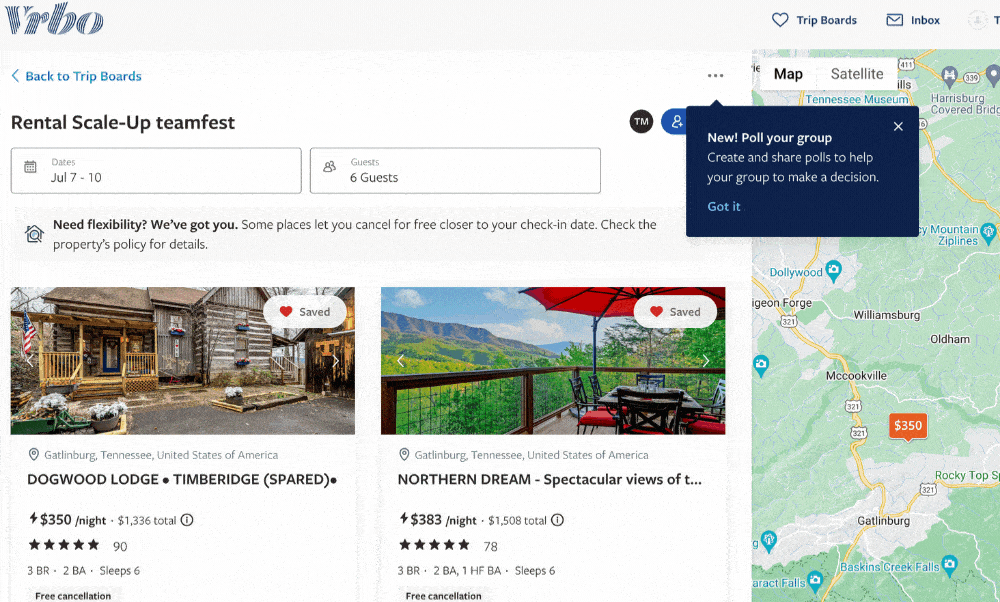 Vrbo trip boards on Expedia