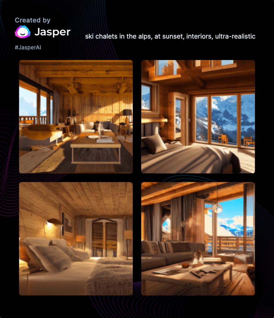 ski chalets in the alps, at sunset, interiors, ultra-realistic