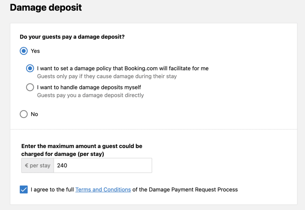 how to set a damage policy on Booking.com extranet