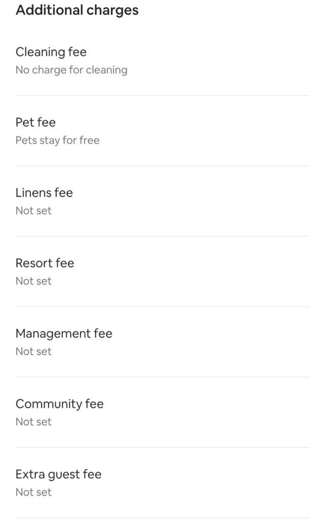 list of Airbnb fees