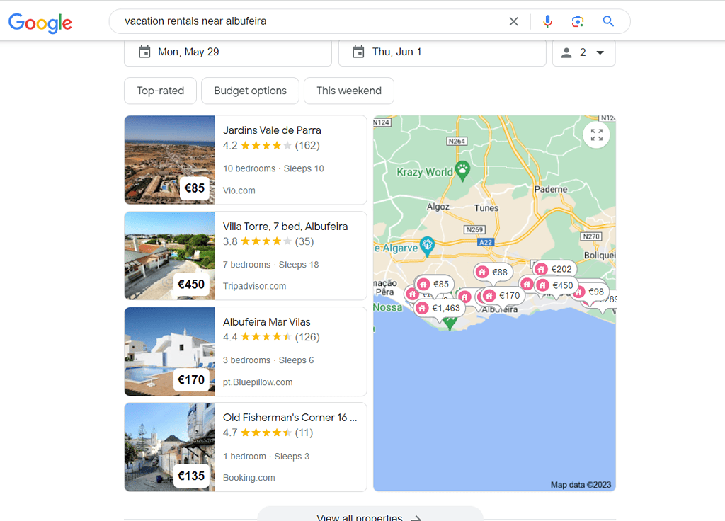 search results for vacation rentals near albufeira in Google