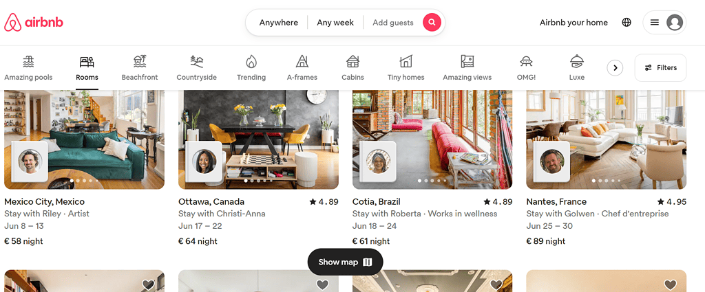 homepage airbnb rooms category