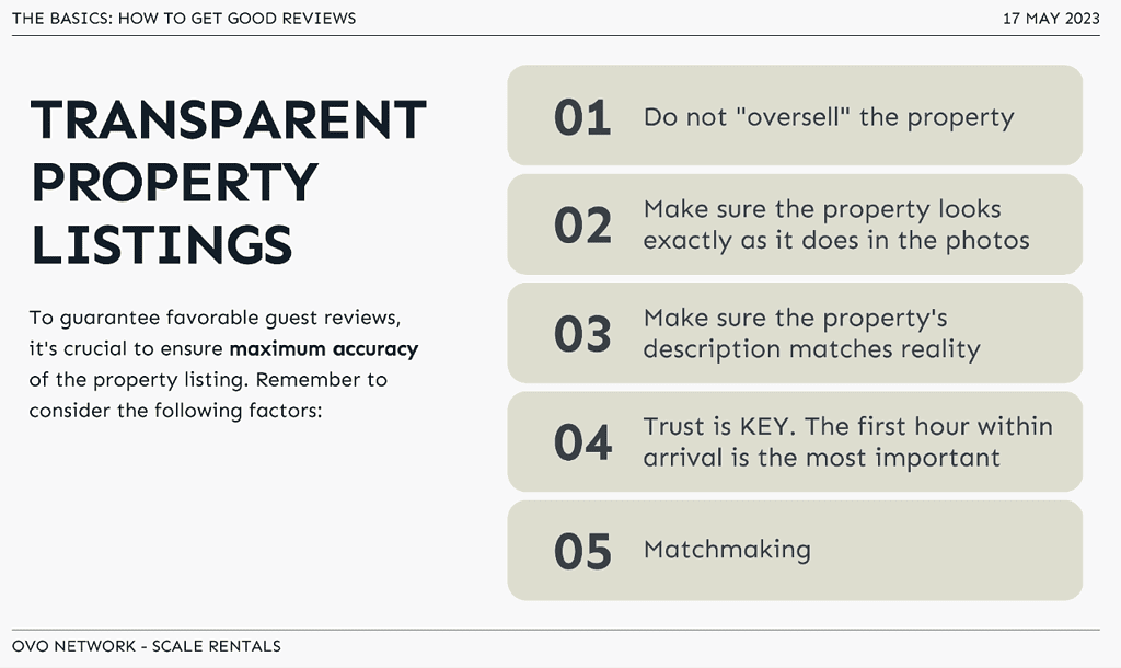 ovo network at scale rentals - how to get good reviews - transparent listings