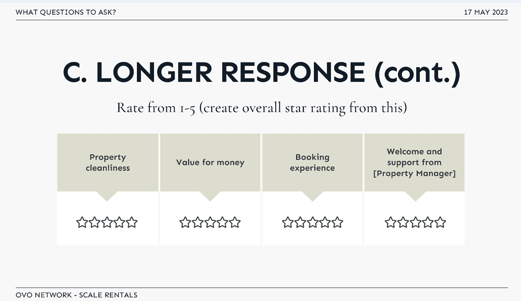 ovo network at scale rentals - keys to obtaining more reviews -questions to ask your guests
