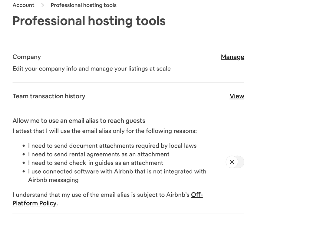 Airbnb email alias in professional hosting tools