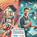 A bold hero image for a blog post on the Airbnb Co-Host Network, showing a contrast between a local Airbnb co-host and a professional property manager