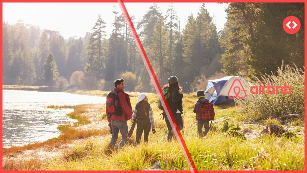 Family hiking near a tent in nature, symbolizing Airbnb’s 2025 strategy to evolve into a comprehensive lifestyle platform focused on travel, experiences, and community.