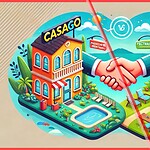 Illustration of Casago and Vacasa buildings connected by a handshake, symbolizing the Casago Vacasa acquisition and its impact on U.S. vacation rental management in 2025.