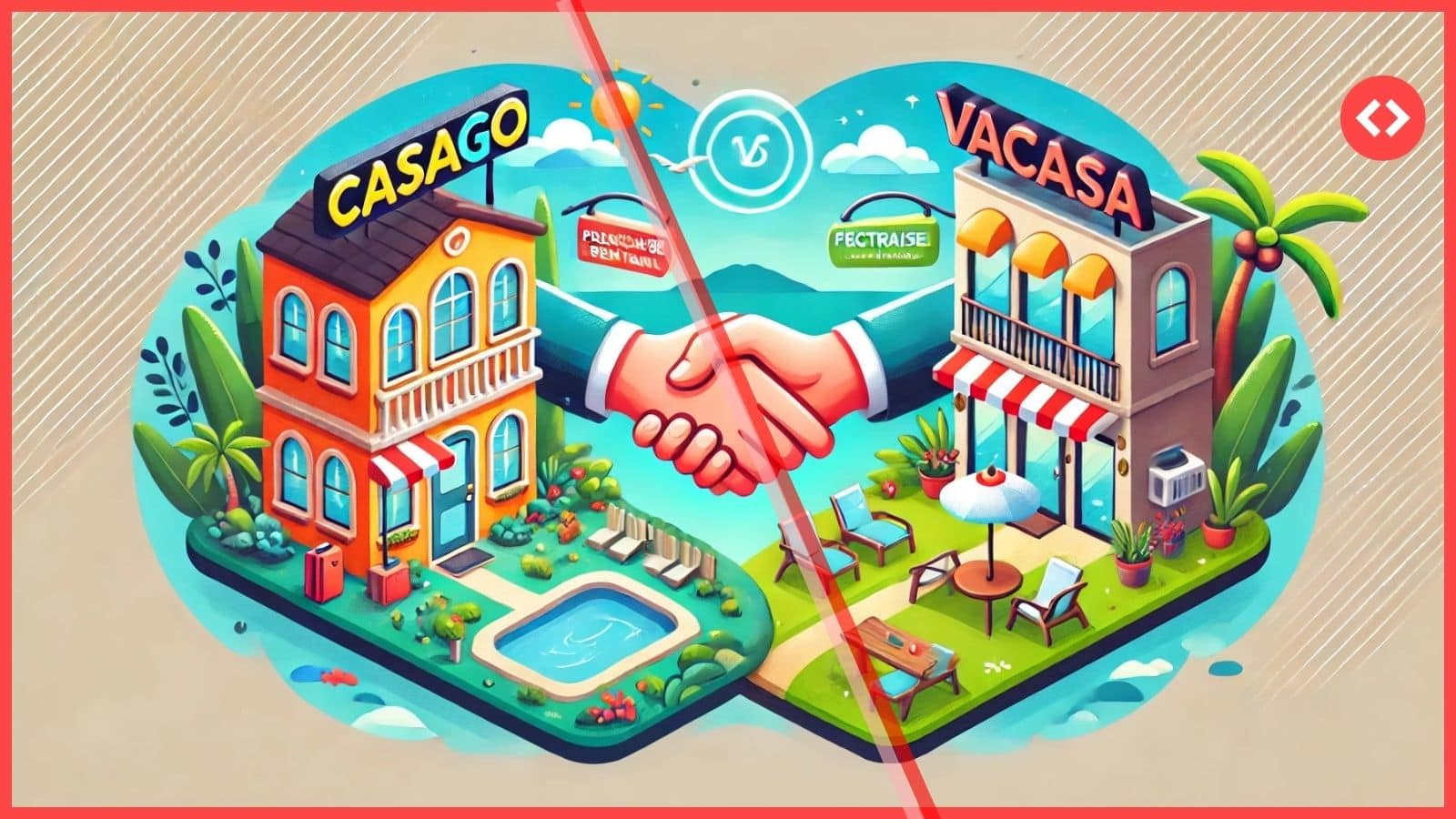 Illustration of Casago and Vacasa buildings connected by a handshake, symbolizing the Casago Vacasa acquisition and its impact on U.S. vacation rental management in 2025.