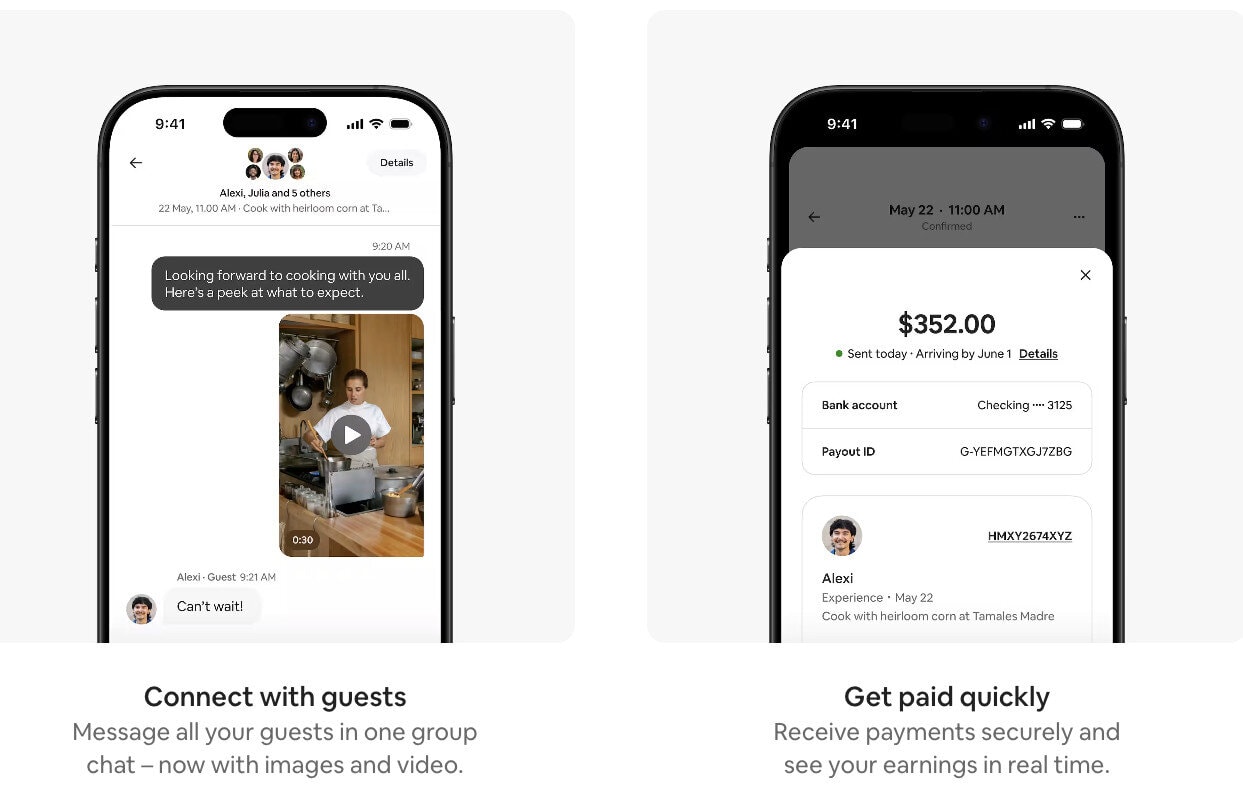 Host tools_ Earnings Dashboard Airbnb Host Tools: Hosts can now message all guests in a single group chat—with support for images and video. On the financial side, a simplified earnings dashboard shows real-time payout tracking.