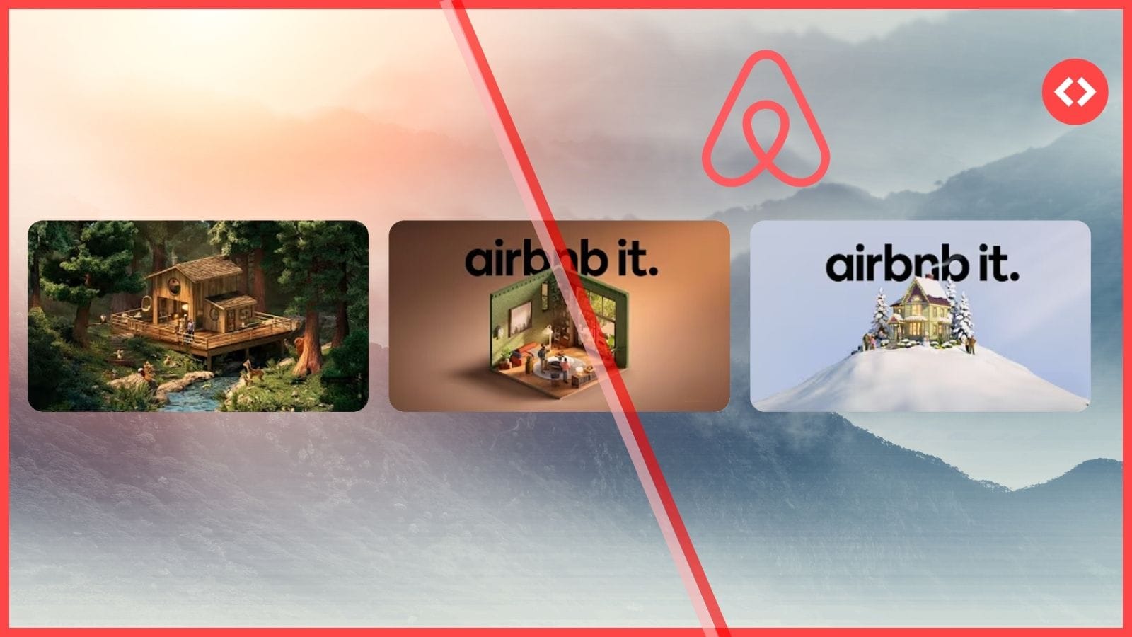 Airbnb’s latest ad campaign visuals featuring cozy cabins, minimalist interiors, and snow chalets, highlighting stays for nature-loving travelers and casual hosts.