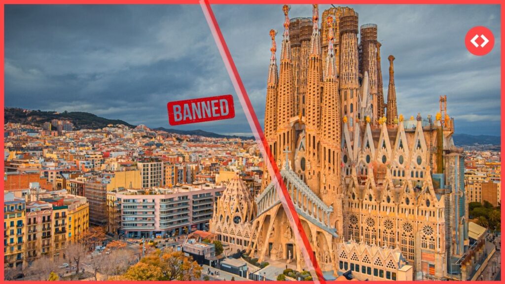 Aerial view of Barcelona city and the Sagrada Família with a red “BANNED” label, symbolizing Spain’s top court upholding the short-term rental ban and Airbnb’s response.