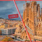 Aerial view of Barcelona city and the Sagrada Família with a red “BANNED” label, symbolizing Spain’s top court upholding the short-term rental ban and Airbnb’s response.