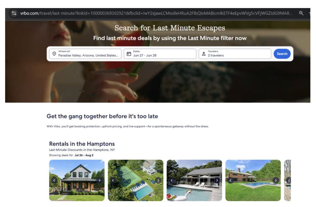 Vrbo Last minute filters US hompepage