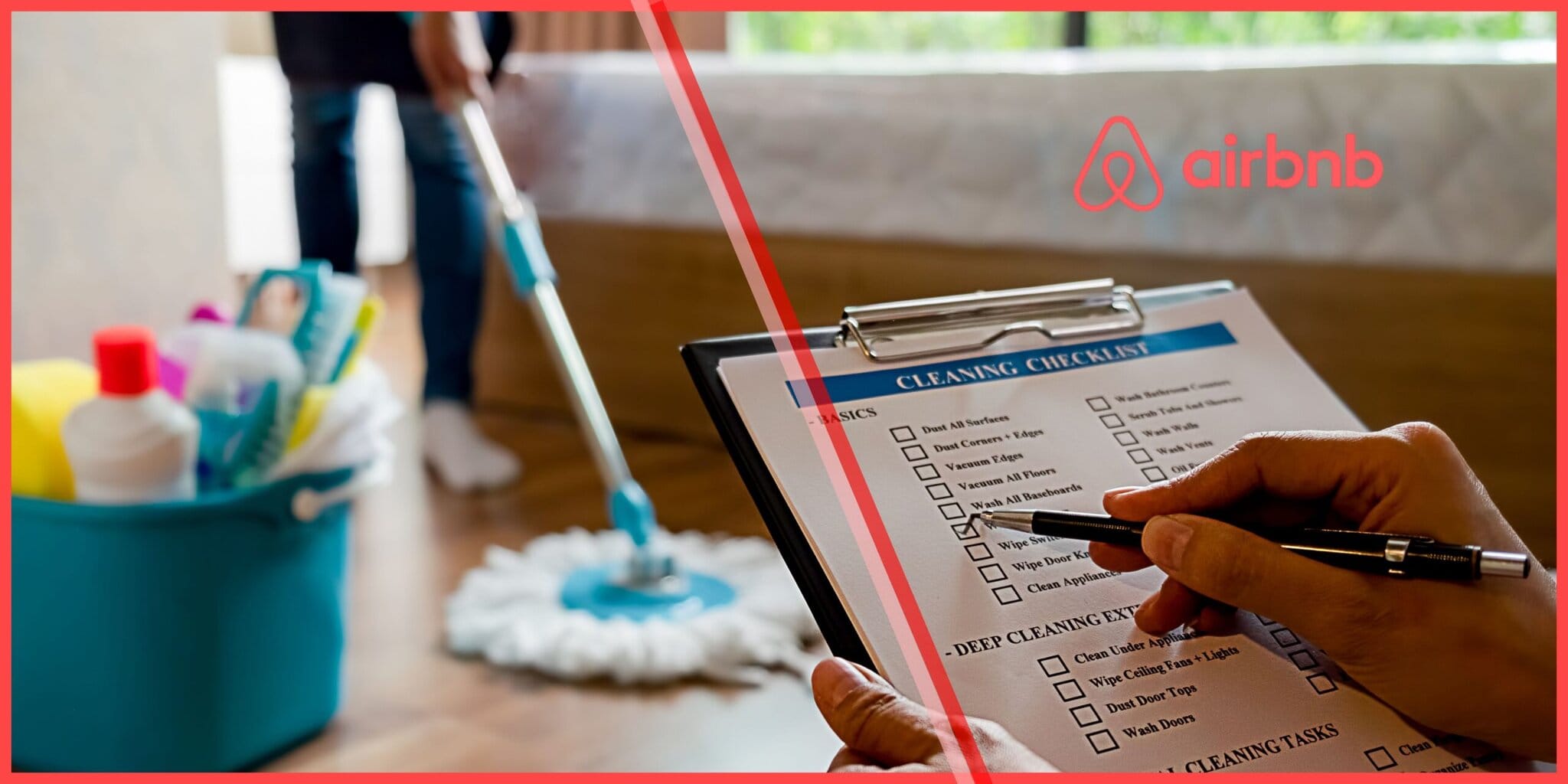 Airbnb host preparing a clean, guest-ready bedroom with cleaning tools and checklist