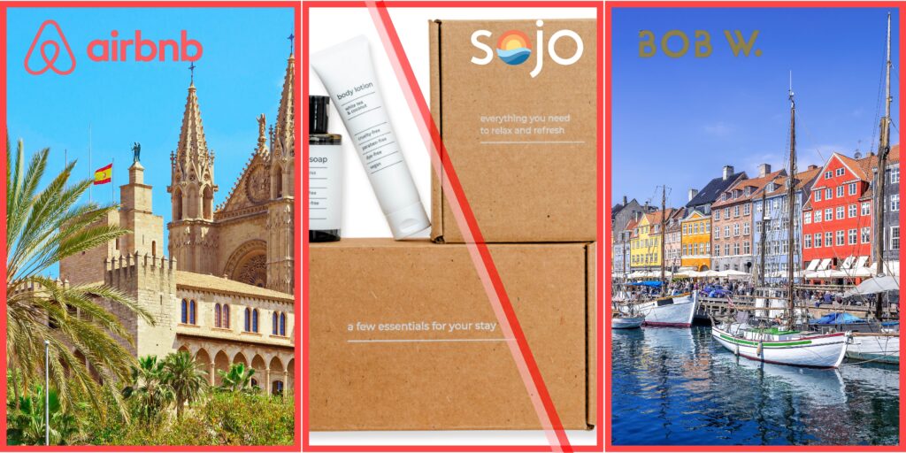 Photo collage showing short-term rental themes: Airbnb compliance in Mallorca, personalized amenity kits from Sojo, and Bob W's Copenhagen aparthotel expansion.