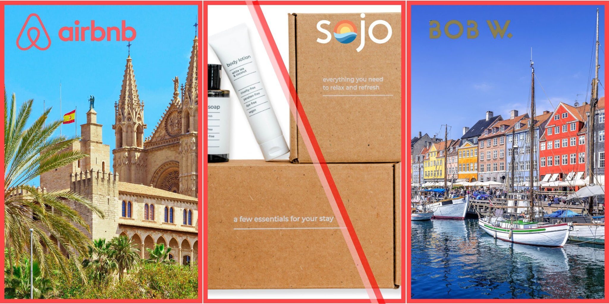 Photo collage showing short-term rental themes: Airbnb compliance in Mallorca, personalized amenity kits from Sojo, and Bob W's Copenhagen aparthotel expansion.