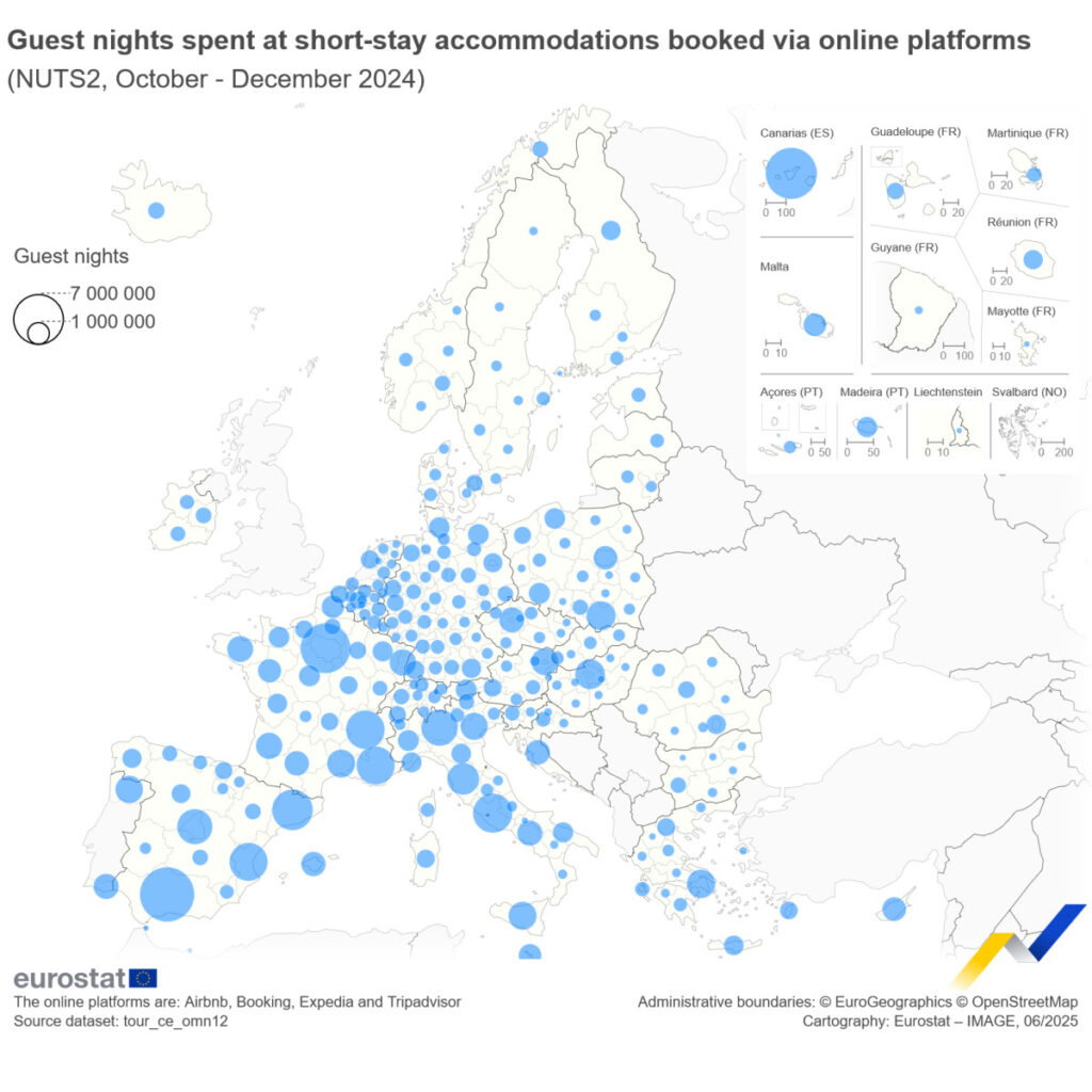 Map of Europe showing regional guest nights spent in short-stay accommodations booked via online platforms in Q4 2024. Blue circles indicate volume, with the largest in French, Spanish, and Italian regions. Includes overseas territories and islands.

