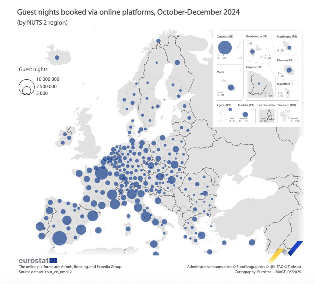 Map of Europe displaying guest nights in short-stay accommodations booked via online platforms for Q4 2024. Darker and larger blue circles show higher guest night volumes. Andalucía (Spain) stands out as the top destination.
