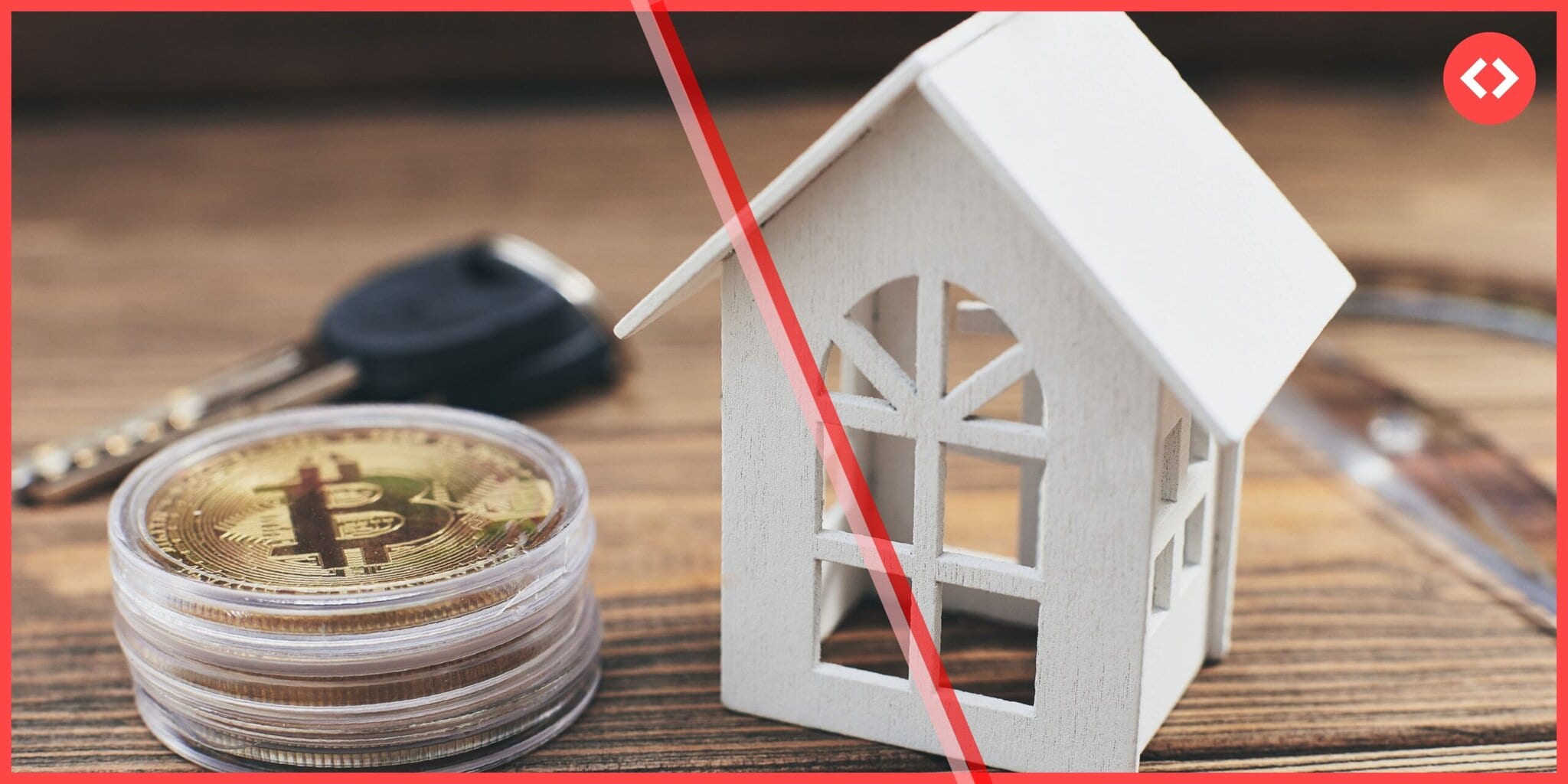 Airbnb investing symbolized by house model, cryptocurrency, and key on wood surface