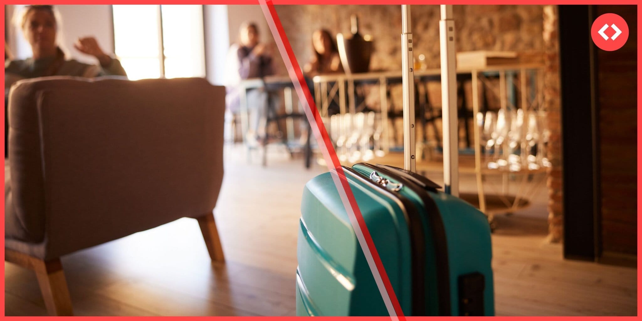 Turquoise suitcase in stylish vacation rental property with guests in background, symbolizing property management services