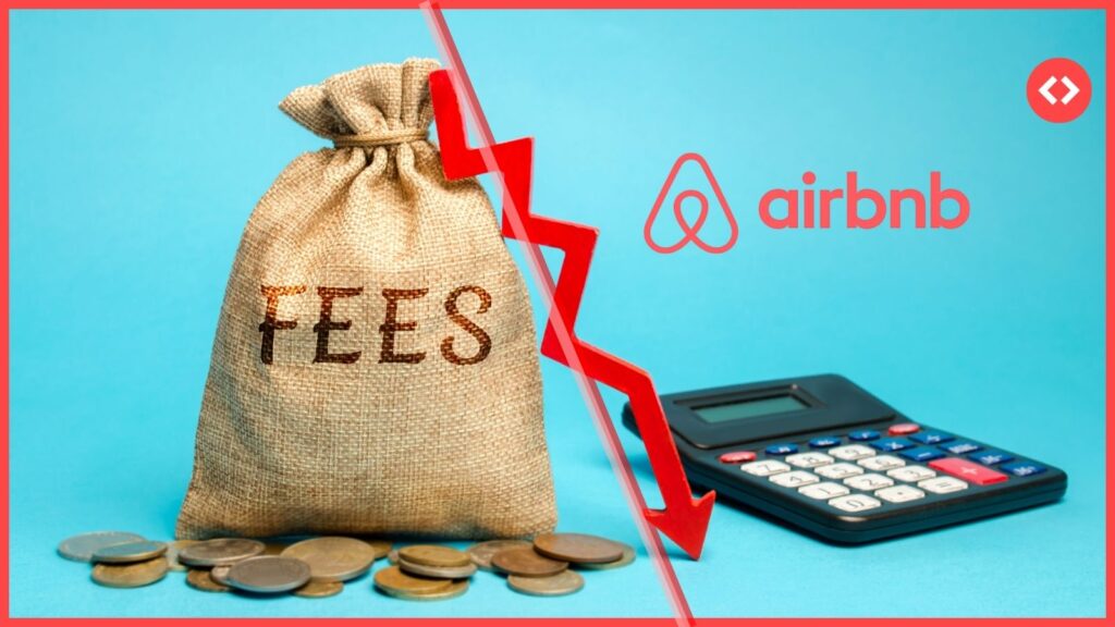 Airbnb host-only fee concept with money bag labeled fees, red arrow, and calculator — symbolizing Airbnb’s 15.5% host-only fee for property managers