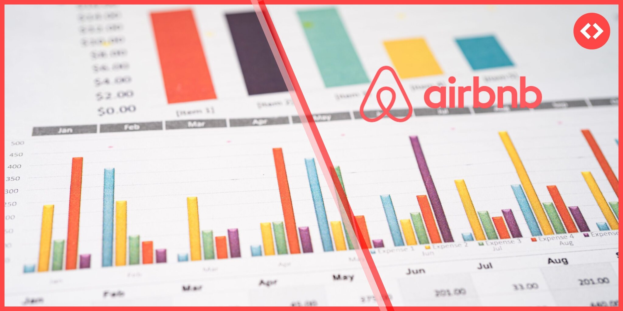 Airbnb data anaylsis: Colorful bar graphs displaying monthly short-term rental performance data with Airbnb logo overlay