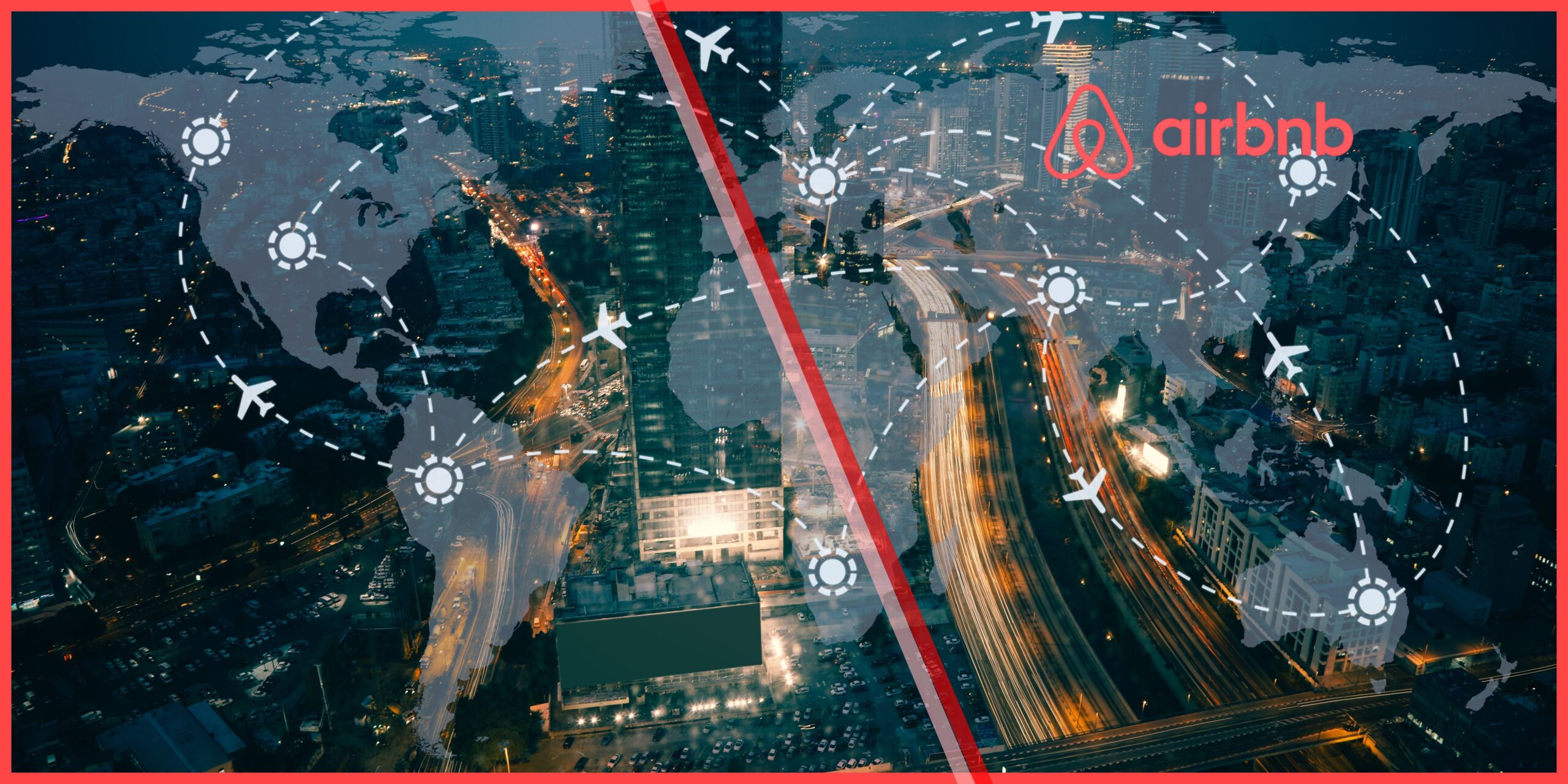 Airbnb earnings Q2 2025 visualized with a global travel network map over a cityscape.