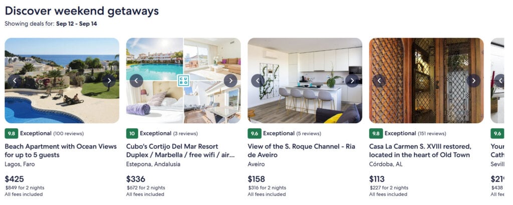 Vrbo homepage showing personalized weekend getaway deals with property listings, prices, ratings, and locations for September 12–14, 2025