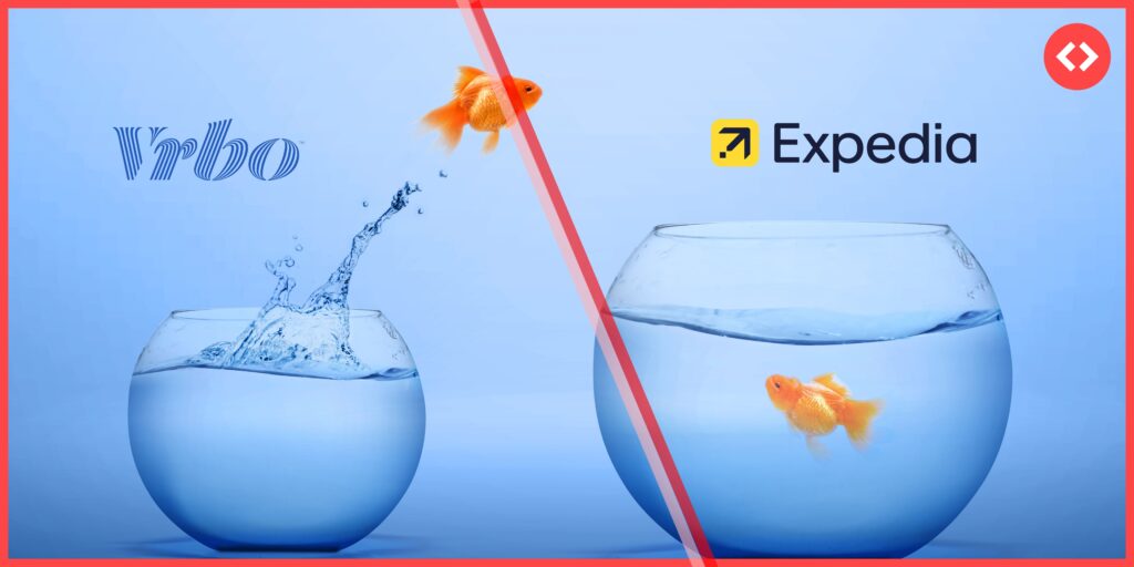 Bright comparison image of Vrbo and Expedia logos over fishbowls with goldfish, illustrating vacation rental booking platforms.