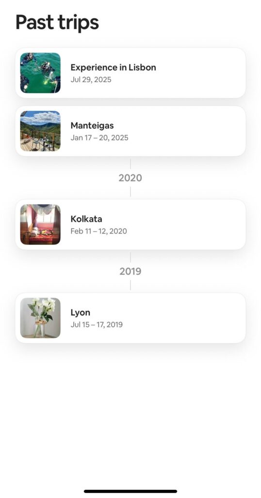 Airbnb Connections: New Feature Turns Trips Into Social Networks 3 Screenshot of Airbnb Past Trips tab showing travel history and bookings