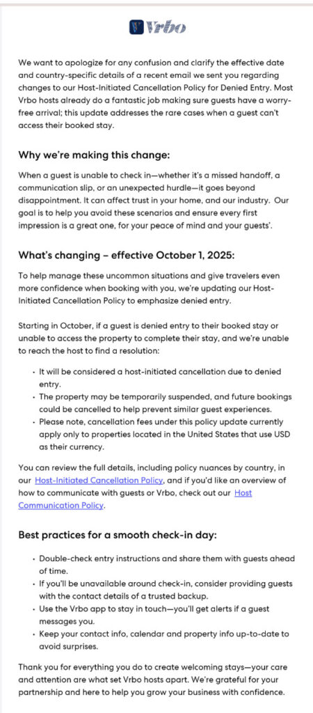Vrbo’s Host-Initiated Cancellation Policy: Why Property Managers Are Worried 1 Vrbo notifies hosts of changes to its Host-Initiated Cancellation Policy, outlining new consequences for cancellations and updated standards for reliability.