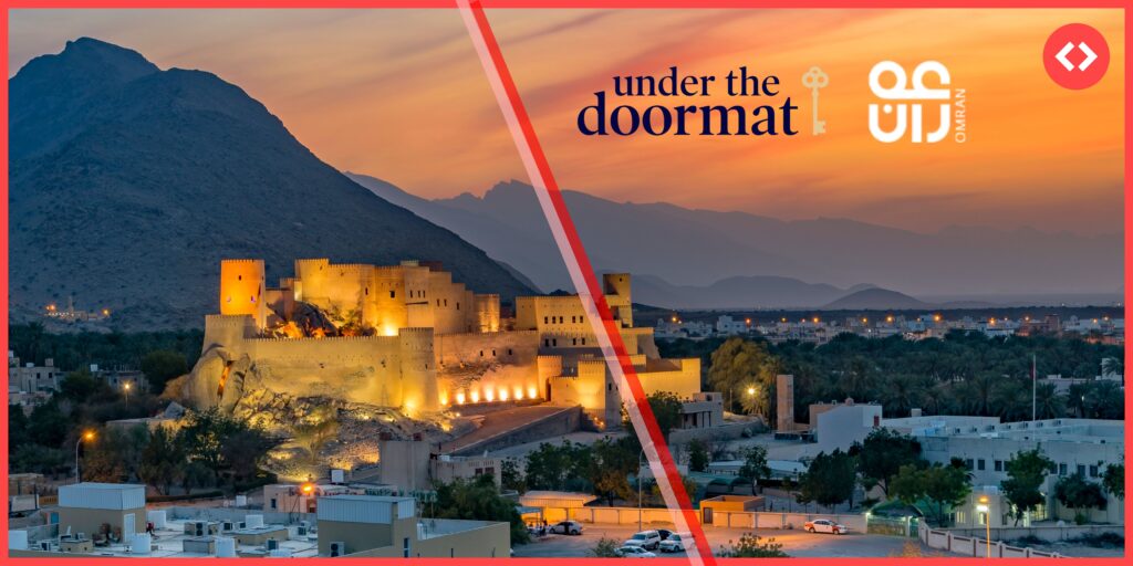 Sunset view of historic fort in Oman with UnderTheDoormat and OMRAN logos, highlighting investment in Oman short-term rentals market